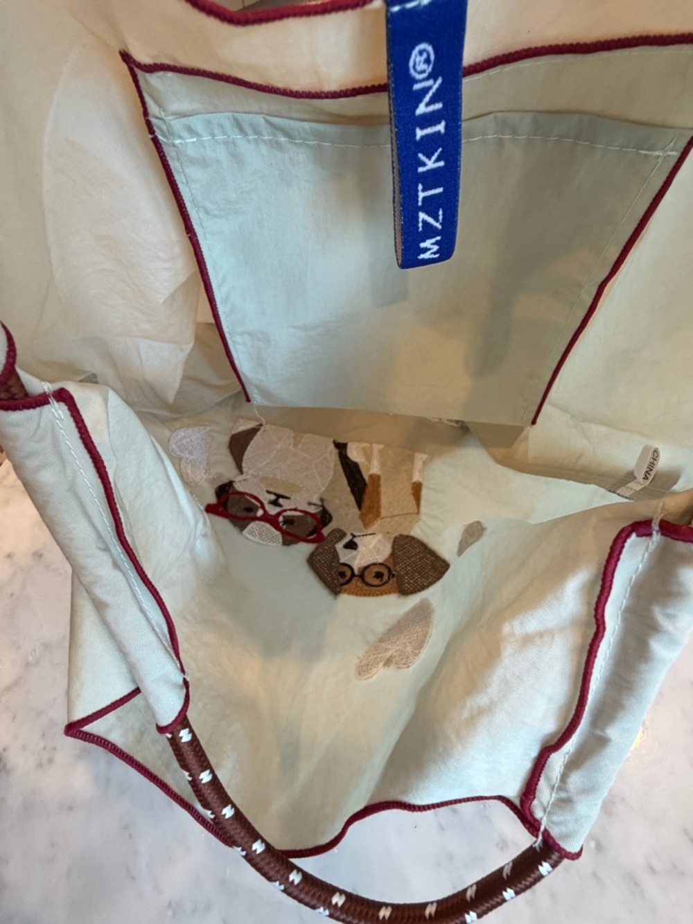 Mztkin nylon tote, cord handles, embroidered dogs in glasses, M, beige, like new - Picture 7 of 12